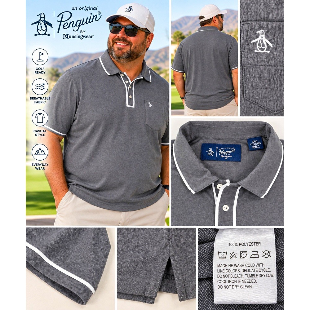 Original Penguin Polo Mens 3XL Gray Golf Shirt Pocket Preppy Performance XXXL